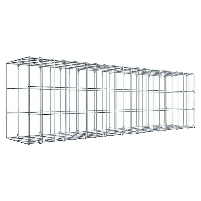 Gabiona Gabione Typ 2 - Zum Anbau in der Länge, 100 x 20 x 30 cm, Stahl, Maschenbreite: 50 mm, Maschenhöhe: 100 mm, C-Ring - Ein langes, rechteckiges Gabionen-Element aus silbernem Drahtgitter, ideal für den Garten- und Landschaftsbau. Robuste Bauweise für vielseitige Anwendungen.