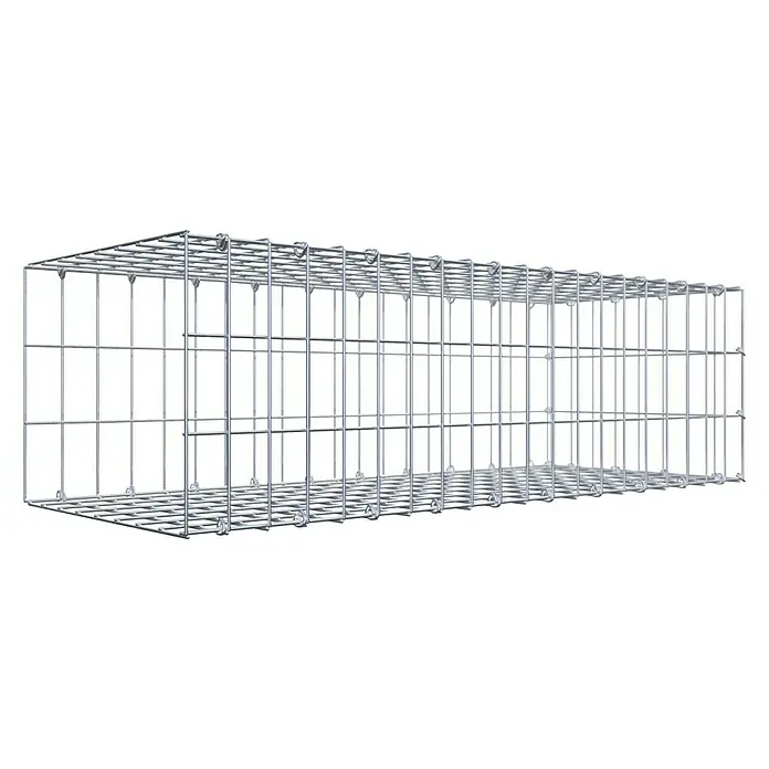 Gabiona Gabione Typ 2 - Zum Anbau in der Länge, 100 x 40 x 30 cm, Stahl, Maschenbreite: 50 mm, Maschenhöhe: 100 mm, C-Ring - Ein länglicher Gabionenkorb aus verzinktem Drahtgeflecht, ideal für Garten- und Landschaftsbau, steht vor einem schwarzen Hintergrund.