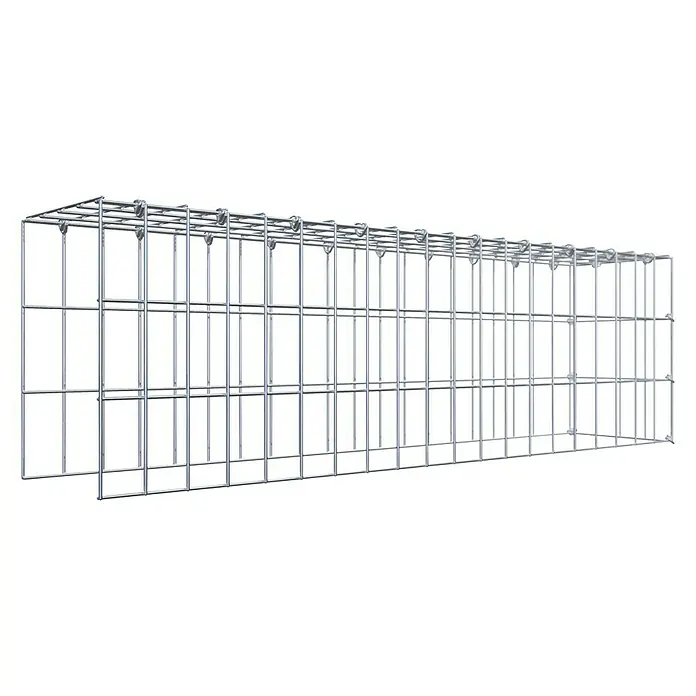 Gabiona Gabione Typ 4 - Zum Anbau in Länge & Höhe, 100 x 20 x 30 cm, Stahl, Maschenbreite: 50 mm, Maschenhöhe: 100 mm, C-Ring - Das Bild zeigt einen Gabionenkorb, ein Drahtgitterprodukt, das in der Landschaftsgestaltung und im Bauwesen verwendet wird, auf schwarzem Hintergrund.