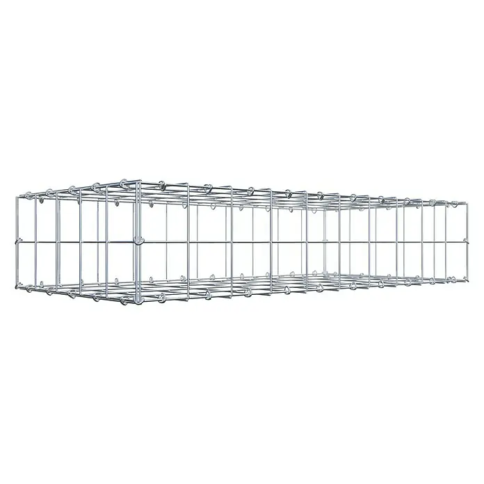 Gabiona Gabione - 100 x 50 x 20 cm, Stahl, Maschenbreite: 100 mm, Maschenhöhe: 100 mm, C-Ring - Nahaufnahme eines rechteckigen Gabionenkorbs aus silbernem Metalldraht, der auf einem schwarzen Hintergrund schwebend dargestellt wird.