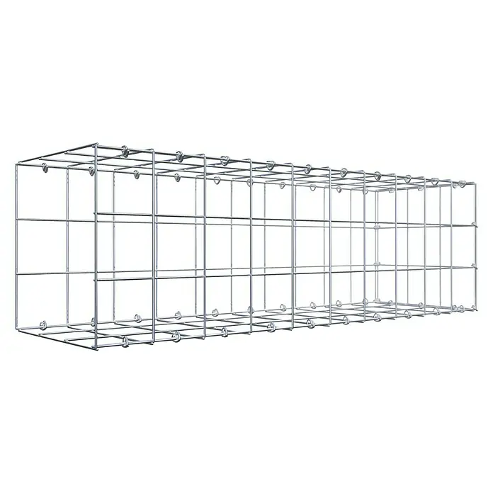 Gabiona Gabione Typ 2 - Zum Anbau in der Länge, 100 x 30 x 30 cm, Stahl, Maschenbreite: 100 mm, Maschenhöhe: 100 mm, C-Ring - Ansicht eines Gabionenkorbs, eines Drahtgeflechts, das zur Stützung von Hängen oder zur Gestaltung von Landschaftsbauprojekten verwendet wird.