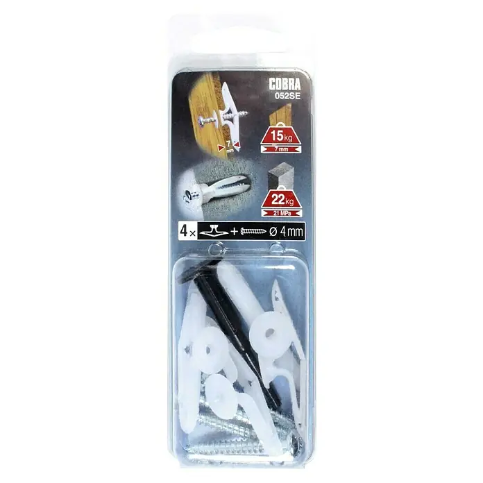 Cobra Kippdübel-Set Nylon Toggle S - Durchmesser Dübel: 4 mm, Gesamtstückzahl: 4 Stk., Mit Schrauben, Belastbarkeit: 15 kg - Produktbild einer COBRA 052SE-Packung mit 4 Wanddübeln und Schrauben. Das Set ist ideal zum Befestigen von Gegenständen an Wänden.