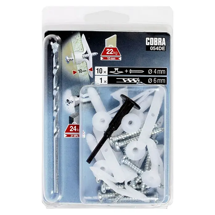 Cobra Kippdübel-Set Nylon Toggle M mit Bohrer - Durchmesser Dübel: 4 mm, Gesamtstückzahl: 10 Stk., Mit Schrauben, Belastbarkeit: 24 kg - Ein Set von Cobra-Befestigungselementen 054DE, das Dübel, Schrauben und einen Bohrer für zuverlässige Wandbefestigungen enthält.