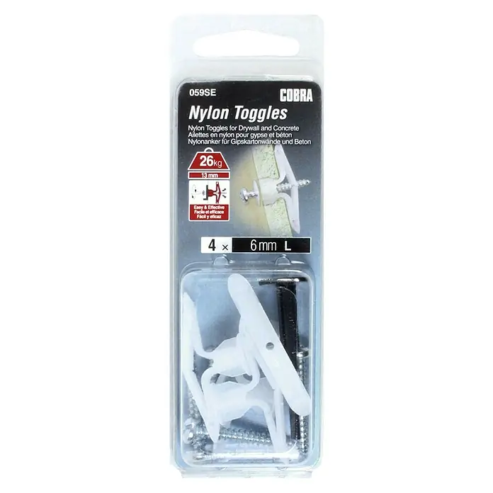 Cobra Kippdübel-Set Nylon Toggle L - Durchmesser Dübel: 4 mm, Gesamtstückzahl: 4 Stk., Mit Schrauben, Belastbarkeit: 26 kg - Bild einer Packung Cobra Nylon Kippdübel, geeignet für Trockenbauwände und Beton, mit einer Tragkraft von 26kg, ideal für Heimwerkerprojekte.
