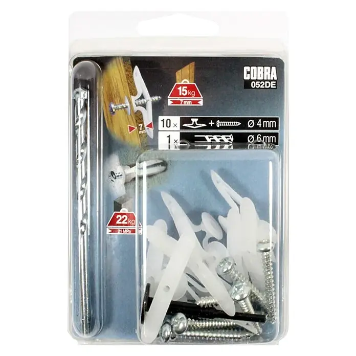 Cobra Kippdübel-Set Nylon Toggle S mit Bohrer - Durchmesser Dübel: 4 mm, Gesamtstückzahl: 10 Stk., Mit Schrauben, Belastbarkeit: 22 kg - Eine Packung Cobra 052DE Universaldübel mit Schrauben und Bohrer, ideal für Trockenbauwände. Hohe Haltekraft, einfache Montage.