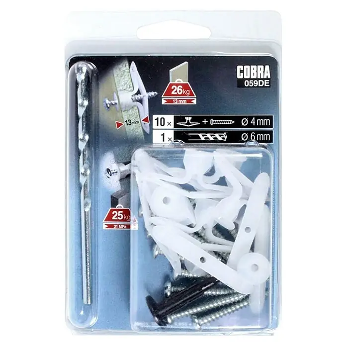 Cobra Kippdübel-Set Nylon Toggle L mit Bohrer - Durchmesser Dübel: 4 mm, Gesamtstückzahl: 10 Stk., Mit Schrauben, Belastbarkeit: 26 kg - Packung Cobra 059DE Dübel mit Schrauben und Bohrer. Das Set enthält 10 Dübel für 4mm Schrauben, 1 Dübel für 6mm Schrauben und einen Bohrer.