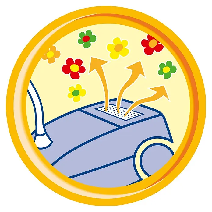Swirl Staubsauger-Duftperlen - Aloe, 4 Stk. - Symbolbild eines Staubsaugers, der saubere, blumenduftende Luft ausstößt, dargestellt in einem gelben Kreis.