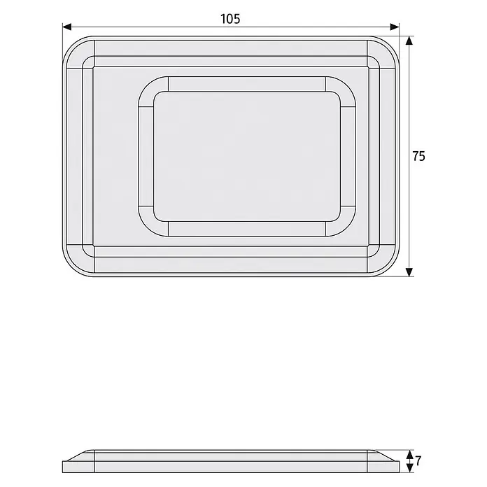 Abus Gitterrostsicherung GS 40 - Einsatzbereich: Kunststoff-Lichtschacht, 60 cm, Sicherheitsstufe: 6 - Technische Zeichnung einer rechteckigen Schale mit abgerundeten Ecken, Maße 105 x 75 mm und eine Höhe von 7 mm.