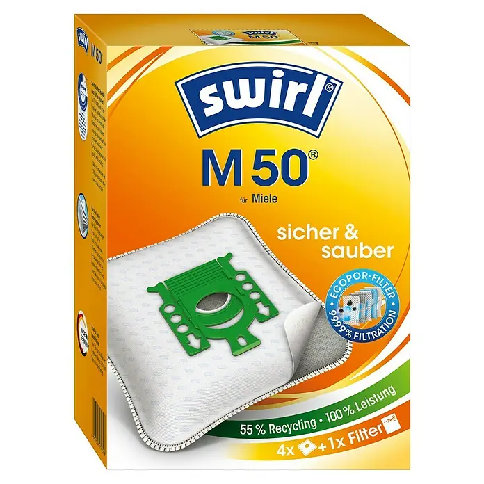 Swirl Staubsaugerbeutel M 50 EcoPor - 4 Stk., Passend für: Miele Staubsauger - Bild einer Swirl M50 Staubsaugerbeutelpackung mit Aufschrift "sicher & sauber", ideal für Miele Staubsauger, 55% Recycling, 4 Stück + 1 Filter.
