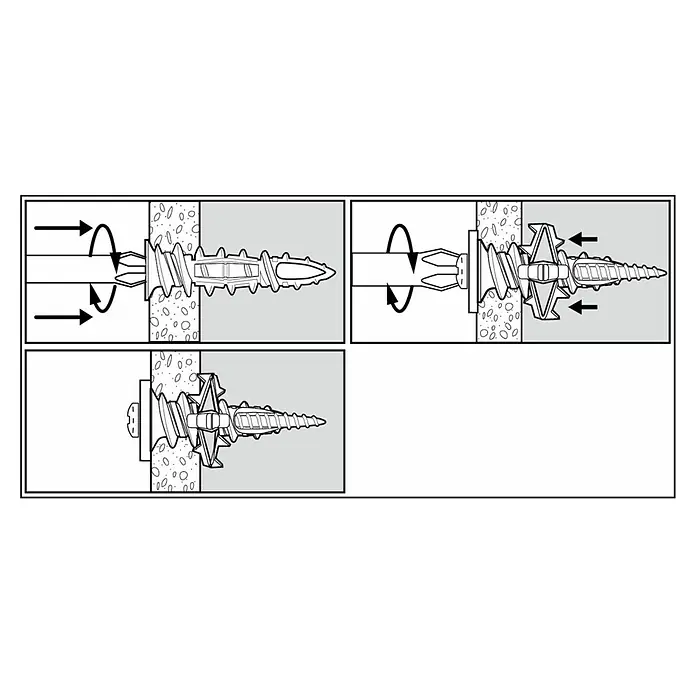 Cobra Gipskartondübel-Set Wallgripper - 4 mm, 36 Stk. - Die Abbildung zeigt eine Trockenbauwandbefestigung in drei Schritten.