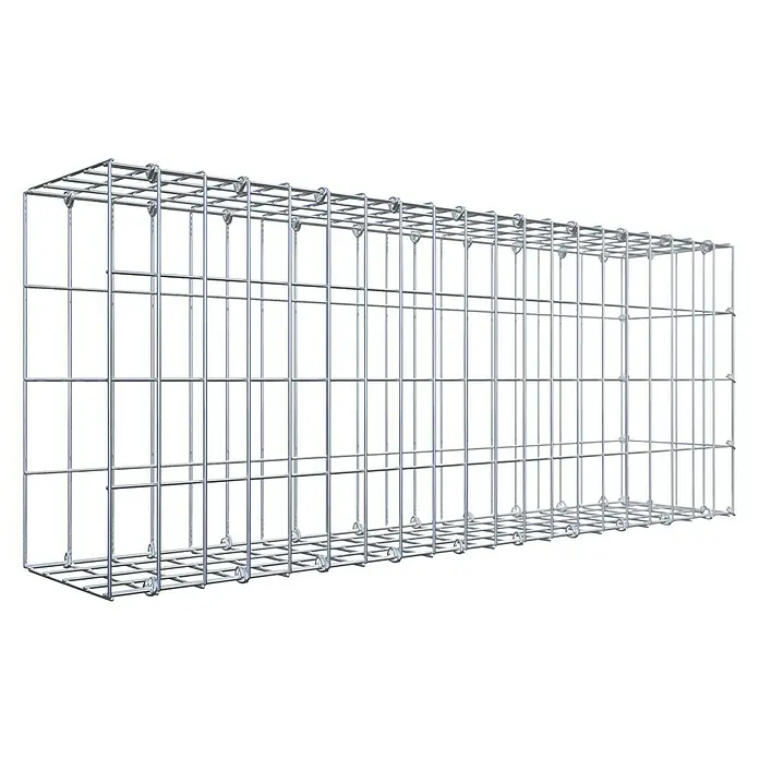 Gabiona Gabione Typ 2 - Zum Anbau in der Länge, 100 x 20 x 40 cm, Stahl, Maschenbreite: 50 mm, Maschenhöhe: 100 mm, C-Ring - Ein langer, leerer Gabionenkorb aus silberfarbenem Metalldraht mit rechteckigen Öffnungen auf schwarzem Hintergrund.