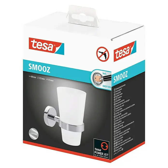 Tesa Smooz Portacepillos - Con soporte, Metal, Cromo satinado - Foto del producto: Tesa Smooz portacepillos de dientes, acabado cromado, para un almacenamiento elegante en el baño, fácil de montar sin taladrar.