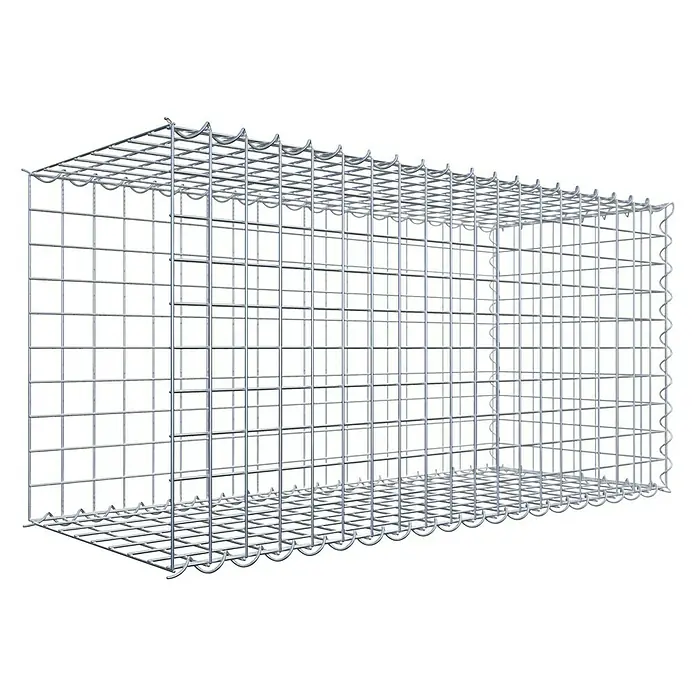 Gabiona Gabione Typ 2 - Zum Anbau in der Länge, 100 x 40 x 50 cm, Stahl, Maschenbreite: 50 mm, Maschenhöhe: 50 mm, Spirale - Das Bild zeigt einen Gabionenkorb, ein Drahtgitter, der mit Steinen gefüllt wird, um Stützmauern oder dekorative Elemente zu schaffen.