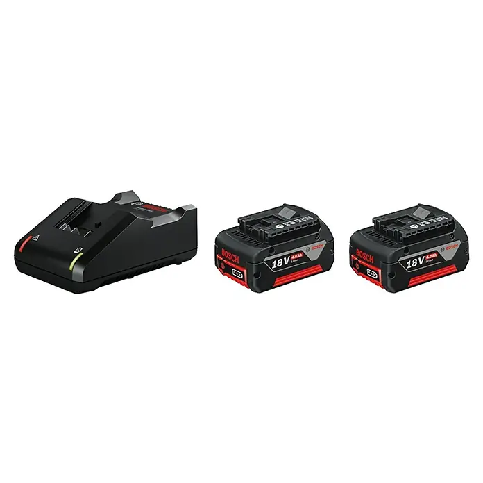 Bosch Professional Taladro atornillador percutor de batería GSB 18V-55 + amoladora GWS 18V-7 - 18 V, 2 baterías, 4 Ah - Cargador de batería con dos baterías Bosch 18V 4.0Ah Li-Ion. El cargador es negro, con un indicador LED verde de carga.