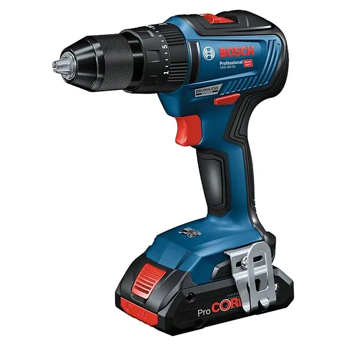 Bosch Professional Taladro atornillador percutor de batería GSB 18V-55 + amoladora GWS 18V-7 - 18 V, 2 baterías, 4 Ah - Taladro atornillador a batería Bosch Professional GSB 18V-55 con cuerpo azul y portabrocas negro, diseñado para uso profesional.