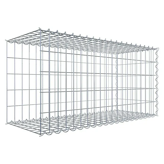 Gabiona Gabione Typ 2 - Zum Anbau in der Länge, 100 x 40 x 50 cm, Stahl, Maschenbreite: 50 mm, Maschenhöhe: 100 mm, Spirale - Das Bild zeigt einen leeren, rechteckigen Gabionenkorb aus silberfarbenem Drahtgitter vor schwarzem Hintergrund. Er ist stabil und vielseitig.