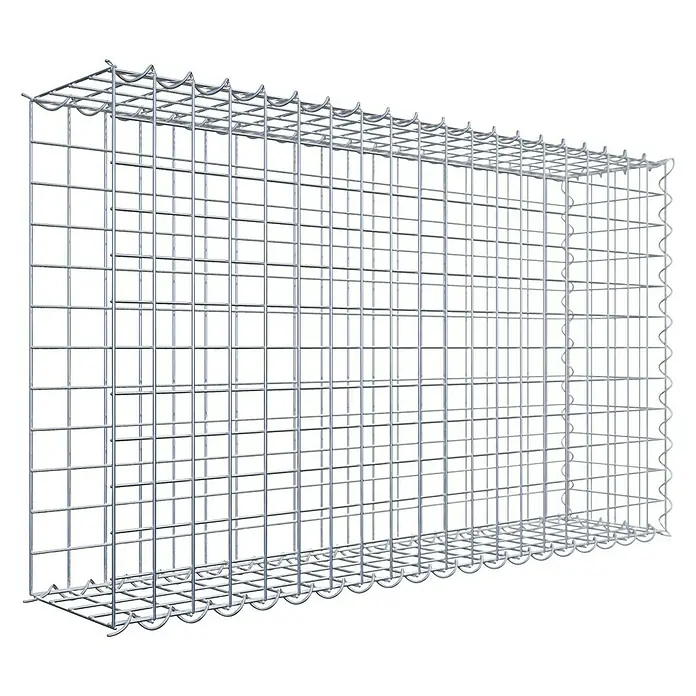 Gabiona Gabione Typ 2 - Zum Anbau in der Länge, 100 x 20 x 60 cm, Stahl, Maschenbreite: 50 mm, Maschenhöhe: 50 mm, Spirale - Das Bild zeigt einen Gabionenkorb aus verzinktem Drahtgeflecht, der für den Einsatz im Garten- und Landschaftsbau konzipiert ist.