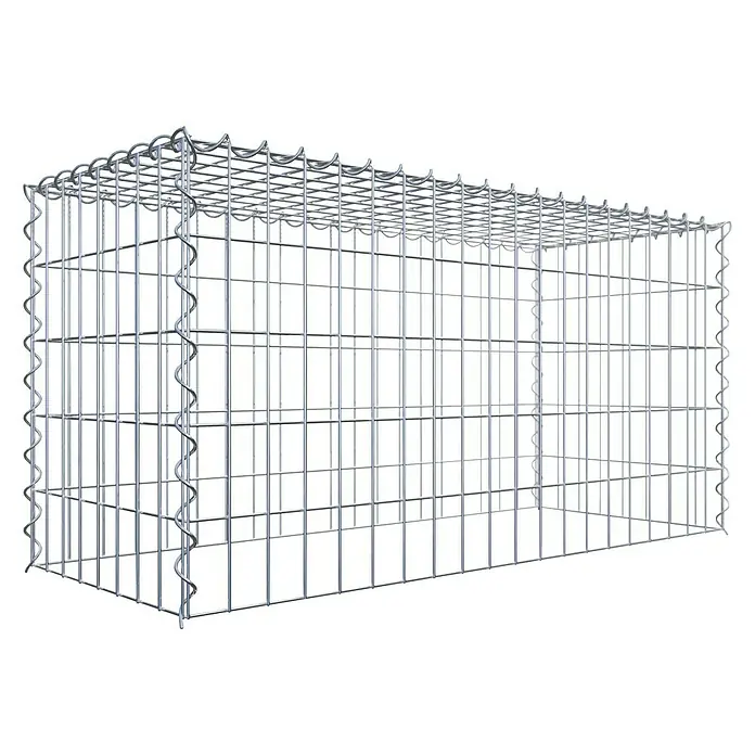 Gabiona Gabione Typ 3 - Zum Anbau in der Höhe, 100 x 40 x 50 cm, Stahl, Maschenbreite: 50 mm, Maschenhöhe: 100 mm, Spirale - Bild einer rechteckigen Gabione aus Metalldraht, die auf einem schwarzen Hintergrund steht. Ideal für Gartenbau und Landschaftsgestaltung.