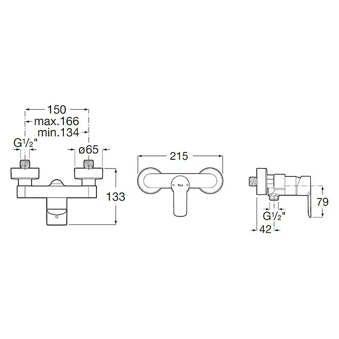 Roca Grifo monomando de ducha Nauta - Cromo, Resplandeciente - Dibujo técnico de una llave de ducha Roca con dimensiones para instalación y diseño, incluyendo especificaciones de rosca y diámetro.
