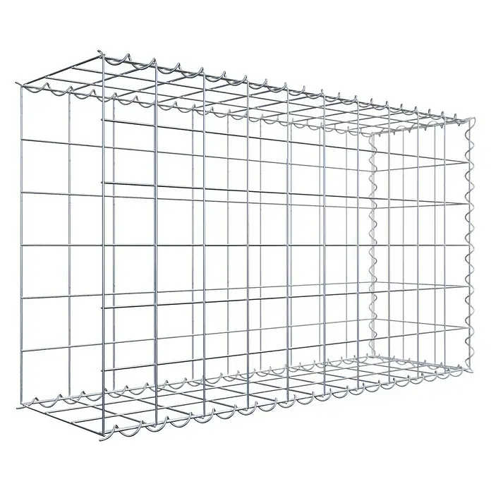 Gabiona Gabione Typ 2 - Zum Anbau in der Länge, 100 x 30 x 60 cm, Stahl, Maschenbreite: 100 mm, Maschenhöhe: 100 mm, Spirale - Das Bild zeigt einen Gabionenkorb aus Drahtgeflecht, der leer ist und zur Befüllung mit Steinen oder anderen Materialien bereitsteht.