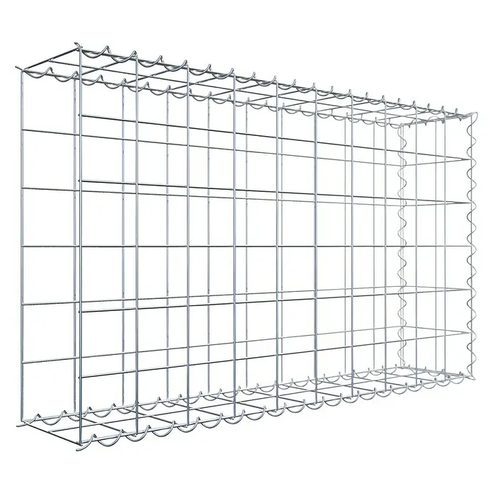 Gabiona Gabione Typ 2 - Zum Anbau in der Länge, 100 x 20 x 60 cm, Stahl, Maschenbreite: 100 mm, Maschenhöhe: 100 mm, Spirale - Das Bild zeigt einen Gabionenkorb aus silberfarbenem Drahtgeflecht, der leer und rechteckig ist. Er dient als Stützmauer oder dekoratives Element.