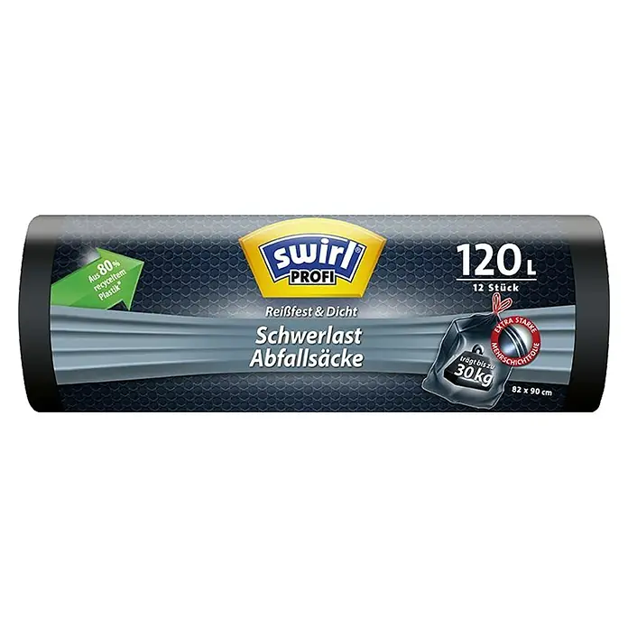 Swirl Müllbeutel Profi Schwerlast-Säcke - Fassungsvermögen: 120 l, 12 Stk., Schwarz - Schwerlast-Abfallsäcke von Swirl PROFI, 120L, 12 Stück, hergestellt aus 80% recyceltem Plastik, reißfest und dicht, tragen bis zu 30 kg.
