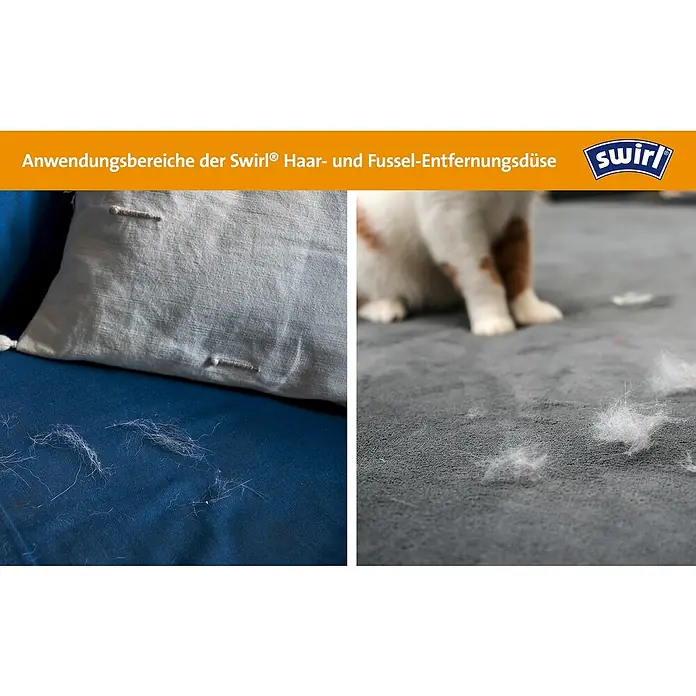 Swirl Staubsaugeraufsatz - Haar- & Fussel-Entfernungsdüse, Passend für: Staubsaugerrohre mit Ø 32 - 35 mm - Anwendungsbereiche der Swirl® Haar- und Fussel-Entfernungsdüse. Perfekt für Sofas und Teppiche, um Tierhaare mühelos zu entfernen.