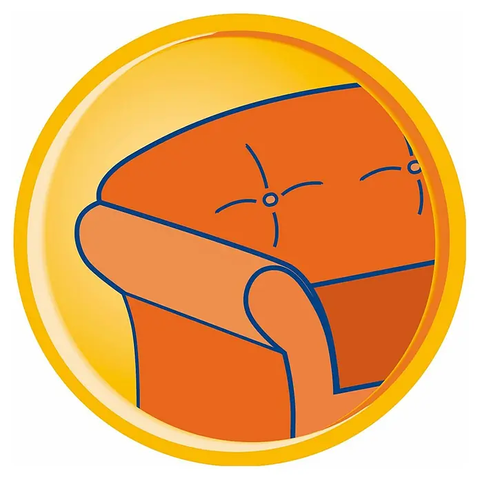 Swirl Staubsaugeraufsatz - Haar- & Fussel-Entfernungsdüse, Passend für: Staubsaugerrohre mit Ø 32 - 35 mm - Nahaufnahme eines orangefarbenen Sofas mit blauen Akzenten in einem gelben Kreis.
