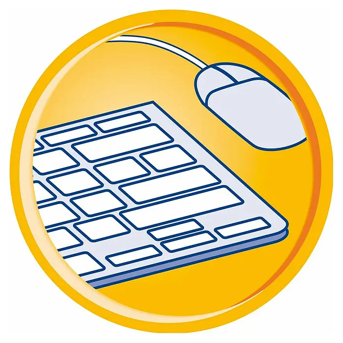 Swirl Staubsaugeraufsatz - Abstaubdüse, Passend für: Staubsaugerrohre mit Ø 32 - 35 mm - Illustration einer Tastatur und Maus in einem gelben Kreis, die Computerzubehör für Büroarbeiten und Gaming darstellt.