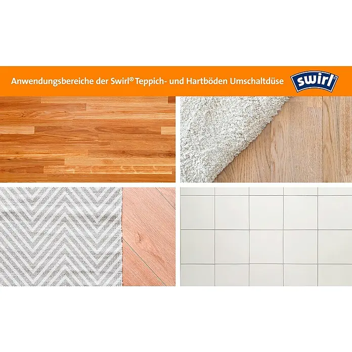 Swirl Staubsaugeraufsatz - Teppich- & Hartböden-Umschaltdüse, Passend für: Staubsaugerrohr Ø 32 - 38 mm - Anwendungsbereiche der Swirl® Teppich- und Hartbodendüse: Geeignet für Holzböden, Teppiche und Fliesen. Optimale Reinigungsergebnisse für verschiedene Bodenbeläge.