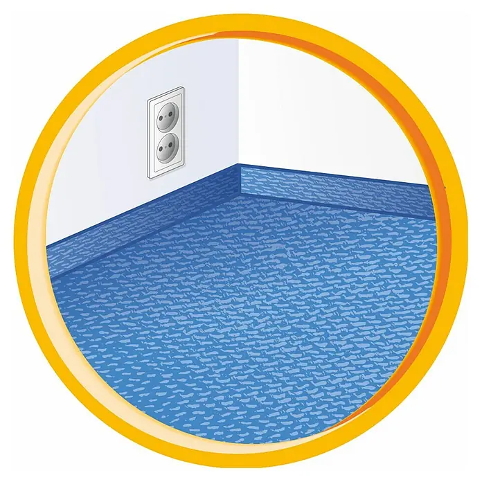 Swirl Staubsaugeraufsatz - Teppich- & Hartböden-Umschaltdüse, Passend für: Staubsaugerrohr Ø 32 - 38 mm - Illustration eines Raumes mit blauem Teppichboden und einer Steckdose an der weißen Wand, hervorgehoben durch einen gelben Kreis.