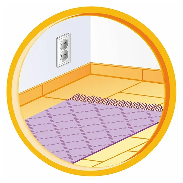 Swirl Staubsaugeraufsatz - Teppich-Tiefenreinigungsdüse, Passend für: Staubsaugerrohre mit Ø 32 - 35 mm, Kurzflorteppiche bis 15 mm Florhöhe - Illustration eines lila Teppichs auf einem Holzboden in einem gelben Kreisrahmen, neben einer Steckdose an der Wand.