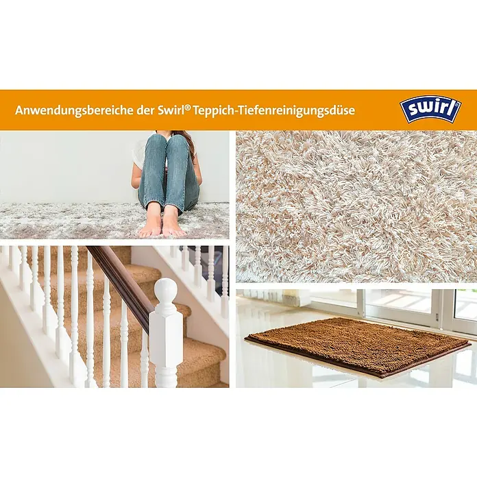 Swirl Staubsaugeraufsatz - Teppich-Tiefenreinigungsdüse, Passend für: Staubsaugerrohre mit Ø 32 - 35 mm, Kurzflorteppiche bis 15 mm Florhöhe - Anwendungsbereiche der Swirl® Teppich-Tiefenreinigungsdüse für verschiedene Teppicharten.