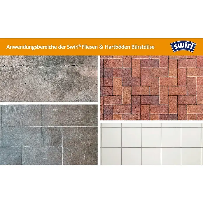 Swirl Staubsaugeraufsatz - Fliesen- & Hartböden-Bürstdüse, Passend für: Staubsaugerrohre mit Ø 32 - 35 mm - Anwendungsbereiche der Swirl® Fliesen & Hartböden Bürstdüse.
