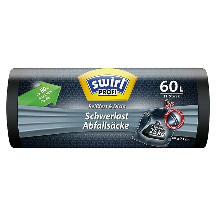 Swirl Müllbeutel Profi Schwerlast-Säcke - Fassungsvermögen: 60 l, 12 Stk., Schwarz - Swirl Profi Schwerlast Abfallsäcke, 60L, 12 Stück. Reißfeste und dichte Müllsäcke, hergestellt aus 80% recyceltem Plastik, tragen bis zu 25 kg.