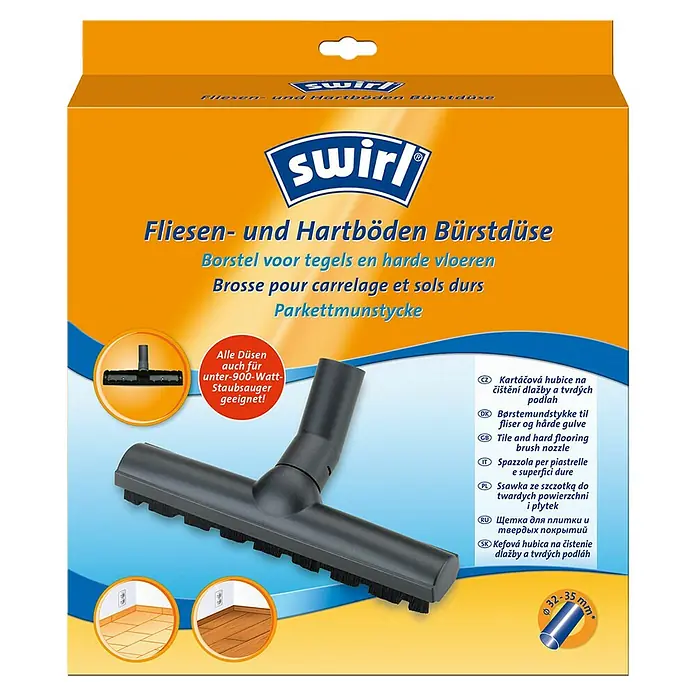 Swirl Staubsaugeraufsatz - Fliesen- & Hartböden-Bürstdüse, Passend für: Staubsaugerrohre mit Ø 32 - 35 mm - Bild einer Verpackung für die Swirl Fliesen- und Hartböden Bürstdüse, geeignet für Staubsauger unter 900 Watt.