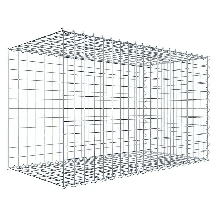 Gabiona Gabione Typ 2 - Zum Anbau in der Länge, 100 x 50 x 60 cm, Stahl, Maschenbreite: 50 mm, Maschenhöhe: 50 mm, Spirale - Bild eines rechteckigen Gabionenkorbs aus verzinktem Stahl. Der Korb hat eine quadratische Gitterstruktur und abgerundete Kanten für Stabilität.