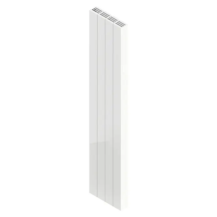 HJM Emisor térmico Vertical AVA - 1.000 W, Blanco, 7,5 x 33,5 x 150 cm, Cerámico - Primer plano de un radiador blanco con listones horizontales, que combina calidez y diseño moderno.
