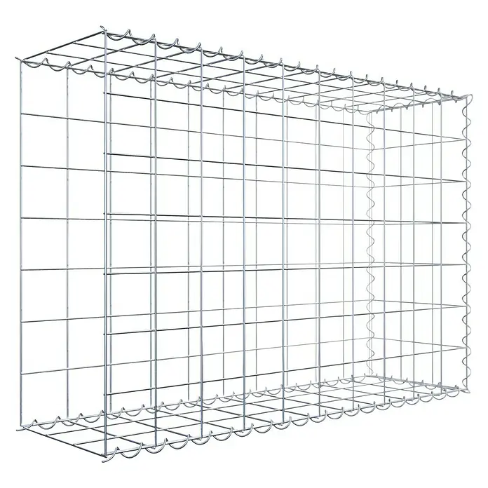 Gabiona Gabione Typ 2 - Zum Anbau in der Länge, 100 x 30 x 70 cm, Stahl, Maschenbreite: 100 mm, Maschenhöhe: 100 mm, Spirale - Nahaufnahme eines leeren Gabionenkäfigs aus Drahtgeflecht, der für den Einsatz im Garten- und Landschaftsbau bereit ist.
