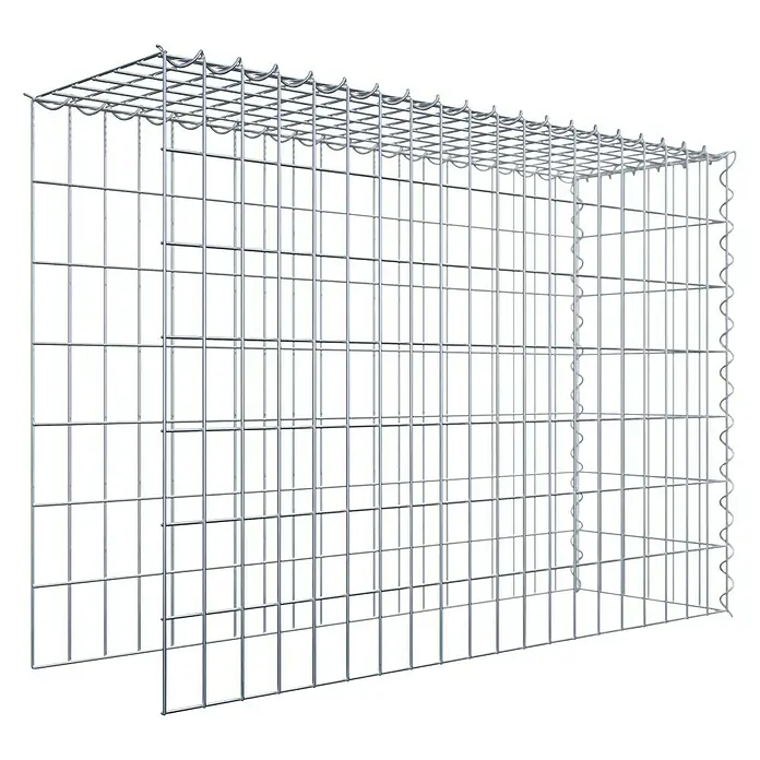 Gabiona Gabione Typ 4 - Zum Anbau in Länge & Höhe, 100 x 30 x 70 cm, Stahl, Maschenbreite: 50 mm, Maschenhöhe: 100 mm, Spirale - Ein leeres Gabionengitter mit rechteckigen Maschen aus silberfarbenem Metalldraht auf schwarzem Hintergrund.