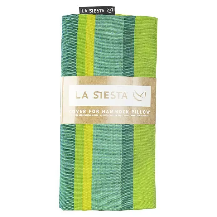 La Siesta Kissenhülle Amante - Lime, L x B: 50 x 50 cm - LA SIESTA gestreifter Hängemattenkissenbezug in Grün, Gelb und Blau, verpackt mit Markenbanderole.