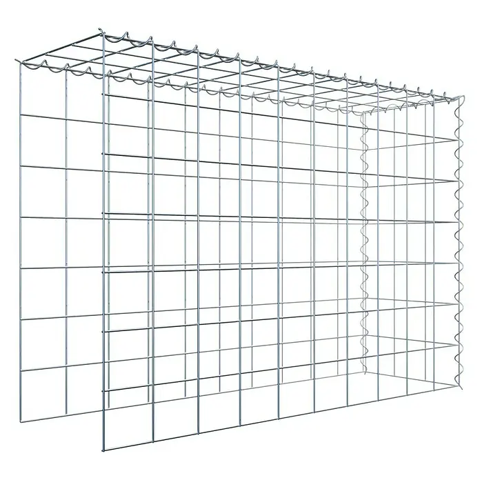 Gabiona Gabione Typ 4 - Zum Anbau in Länge & Höhe, 100 x 30 x 70 cm, Stahl, Maschenbreite: 100 mm, Maschenhöhe: 100 mm, Spirale - Das Bild zeigt einen leeren, quaderförmigen Gabionenkorb aus verzinktem Drahtgeflecht mit rechteckigen Maschen. Die Struktur ist robust und stabil.