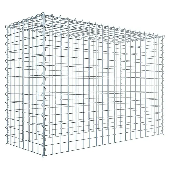 Gabiona Gabione Typ 3 - Zum Anbau in der Höhe, 100 x 40 x 70 cm, Stahl, Maschenbreite: 50 mm, Maschenhöhe: 50 mm, Spirale - Nahaufnahme eines Gabionenkäfigs, einer Drahtkonstruktion zur Befüllung mit Steinen für den Garten- und Landschaftsbau, isoliert auf Schwarz.