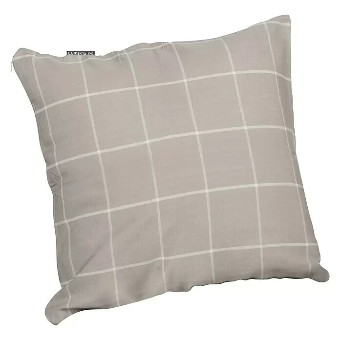La Siesta Kissenhülle Amante - Almond, L x B: 50 x 50 cm - Hellbeiges Stoffkissen mit weißem Karomuster und "LA SIESTA"-Etikett.