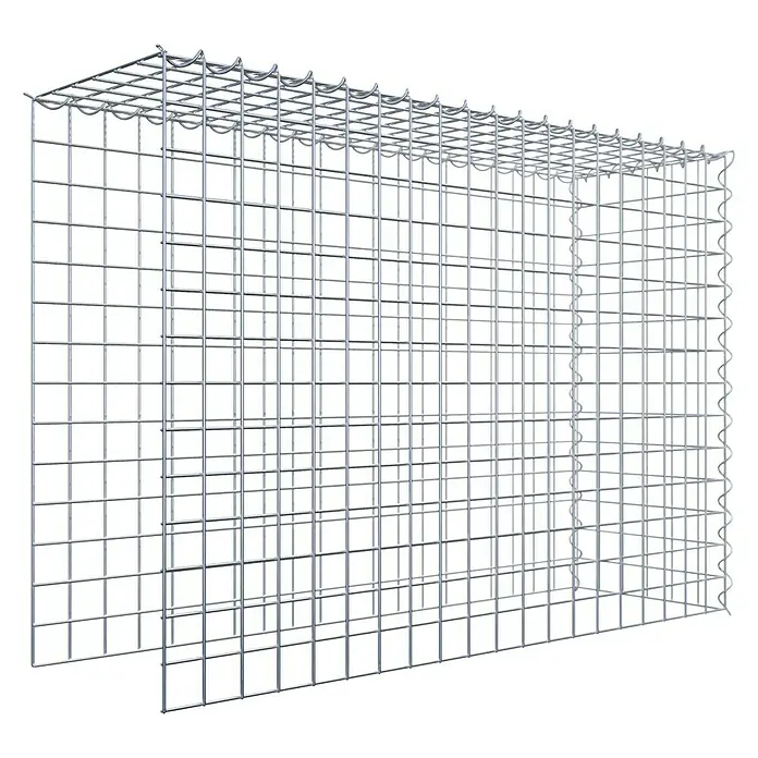 Gabiona Gabione Typ 4 - Zum Anbau in Länge & Höhe, 100 x 30 x 70 cm, Stahl, Maschenbreite: 50 mm, Maschenhöhe: 50 mm, Spirale - Das Bild zeigt einen Gabionenkorb aus Drahtgeflecht. Der Korb ist leer und hat eine rechteckige Form, ideal für den Garten- und Landschaftsbau.