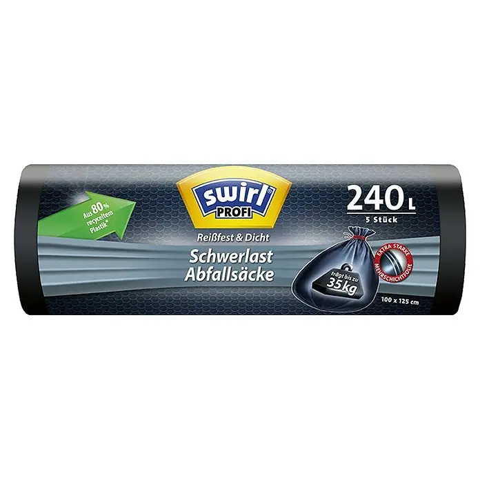Swirl Müllbeutel Profi Schwerlast-Säcke - Fassungsvermögen: 240 l, 5 Stk., Schwarz - Abfallsäcke von Swirl Profi: Schwerlast-Müllsäcke, 240L, 5 Stück, aus 80% recyceltem Plastik und extra starker Mehrschichtfolie.