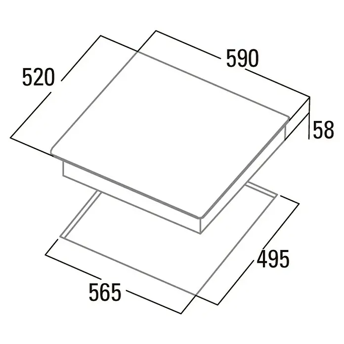Cata Placa de cocción IB6303 BK - Número de fogones de inducción: 3 ud. - Diagrama de una placa de cocina con dimensiones 520 x 590 mm (superior) y 565 x 495 mm (inferior). Altura: 58 mm.
