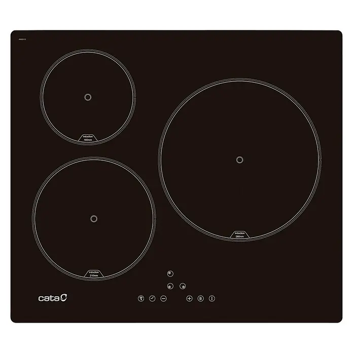 Cata Placa de cocción IB6303 BK - Número de fogones de inducción: 3 ud. - Una placa de inducción CATA negra con tres zonas de cocción de diferentes tamaños y un panel de control táctil.