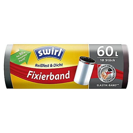 Swirl Müllbeutel mit Fixierband (Fassungsvermögen: 60 l, 10 Stk., Schwarz)
