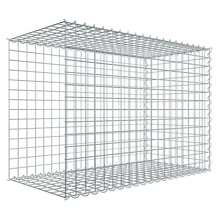 Gabiona Gabione Typ 2 - Zum Anbau in der Länge, 100 x 50 x 70 cm, Stahl, Maschenbreite: 50 mm, Maschenhöhe: 50 mm, Spirale - Ein rechteckiger, silberfarbener Gabionenkorb aus Drahtgitter für Steine oder andere Füllmaterialien.